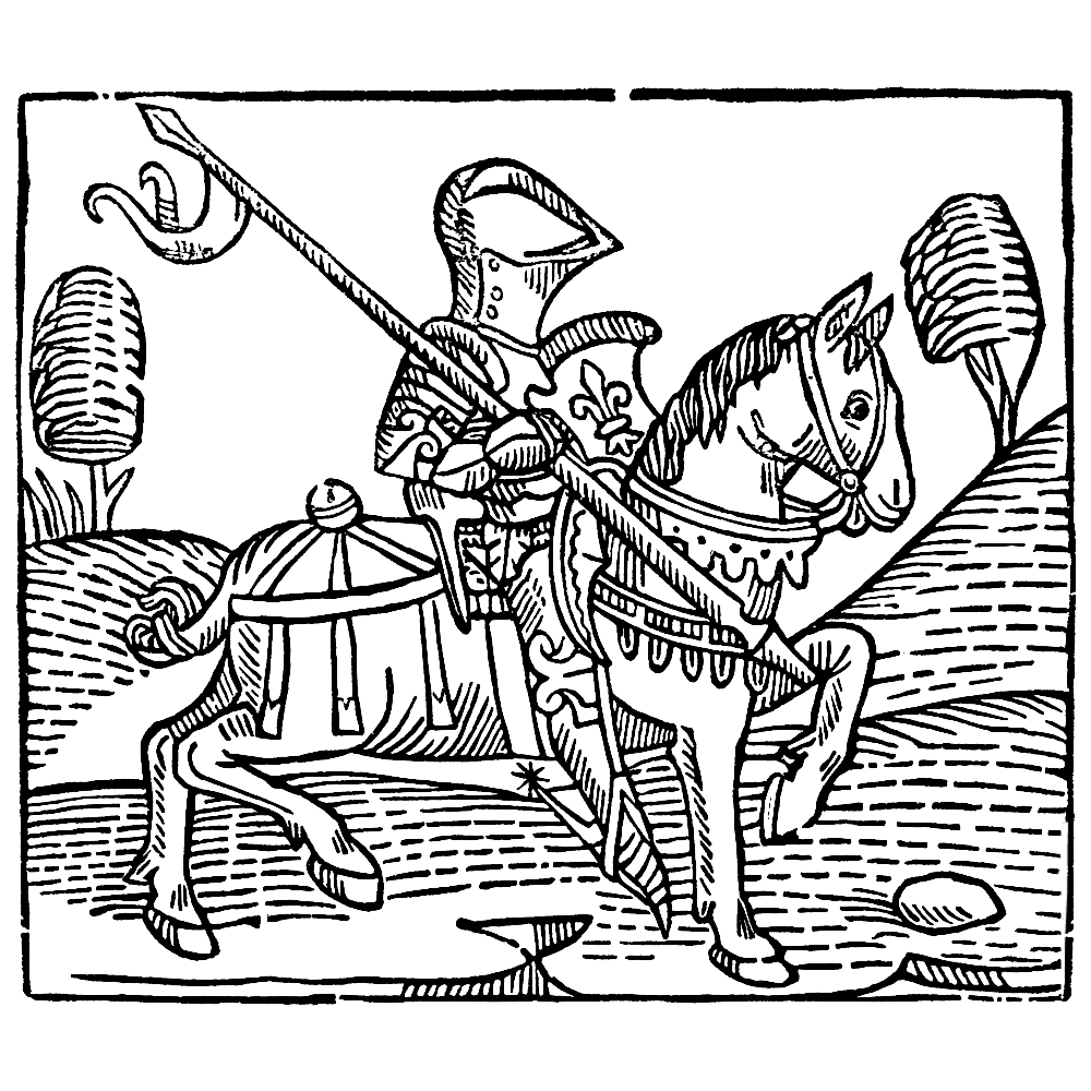 bekijk Gravure van een ridder met een hellebaard te paard kleurplaat