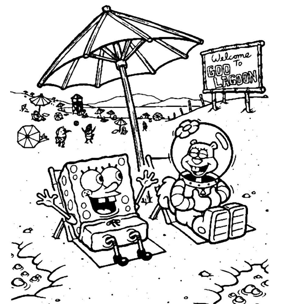 bekijk Spongebob en Sandy aan het strand kleurplaat