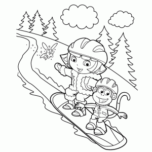 Dora & Boots op een snowboard