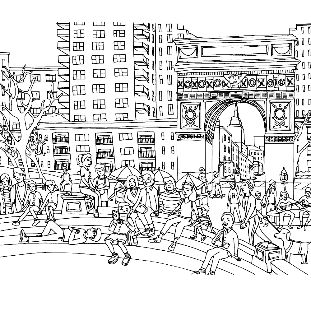 bekijk stadsbeeld met mensen kleurplaat