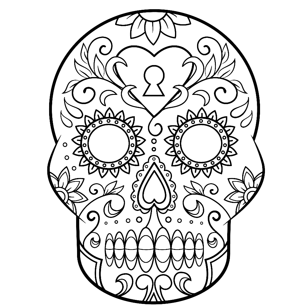 bekijk Sugar skull with a heart & flowers kleurplaat