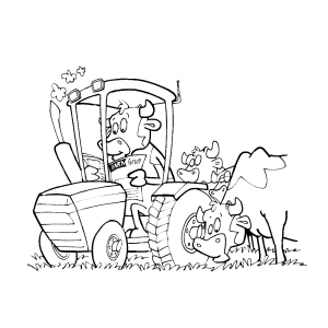 De koe rijdt in de tractor