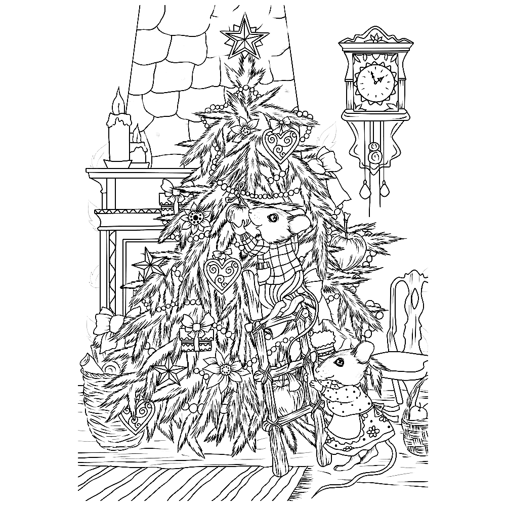 bekijk de familie Muis versiert de kerstboom kleurplaat