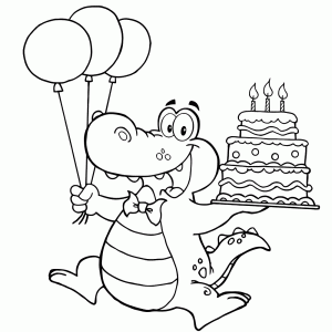 Vrolijke krokodil met slagroomtaart en ballonnen