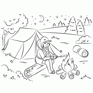 Slapen in een tent   zitten bij het kampvuur